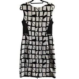 Joseph Ribkoff pattern back zipper leather panels midi dress Sz 12